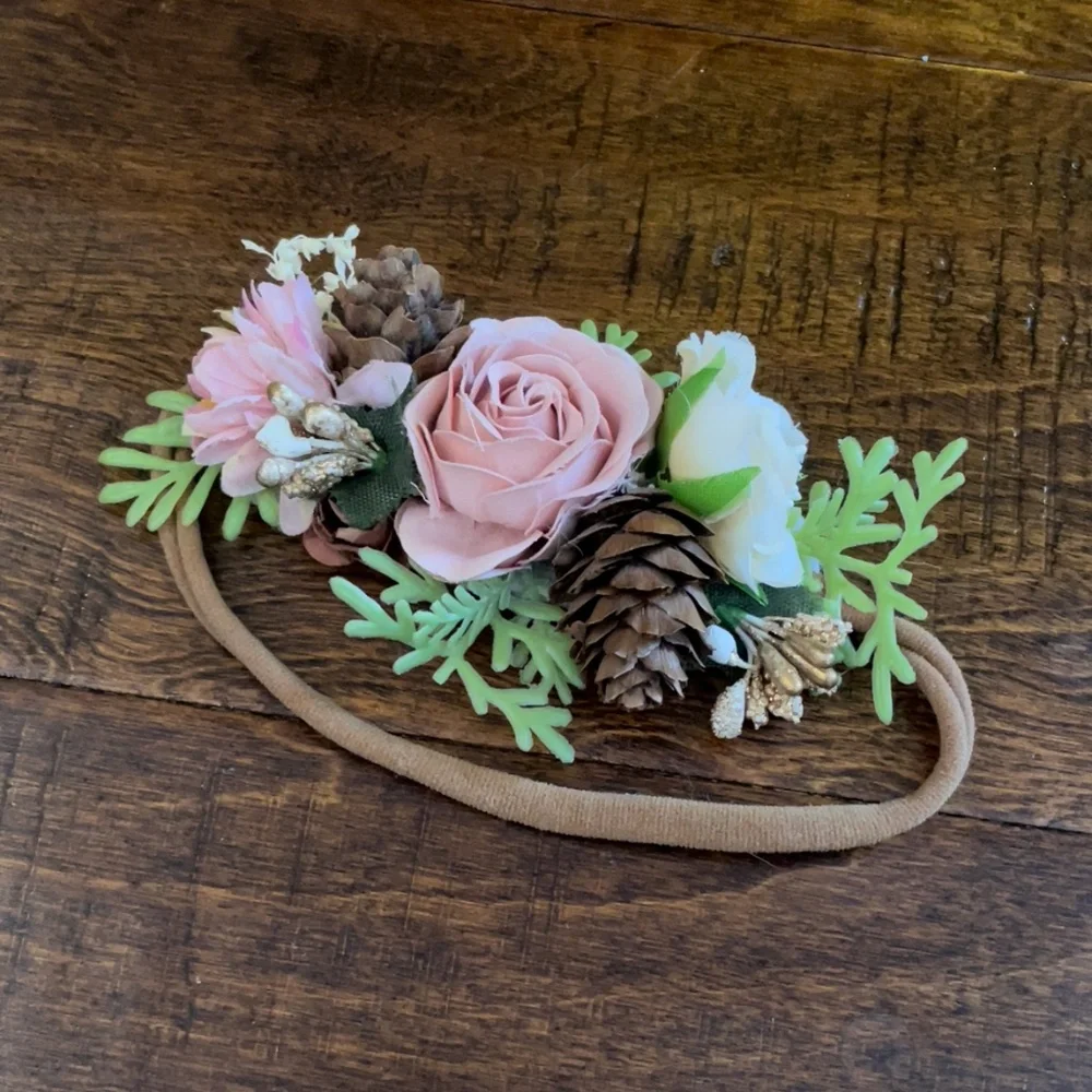 Child or Baby girl flowergirl flower floral pink pinecone winter headband hair